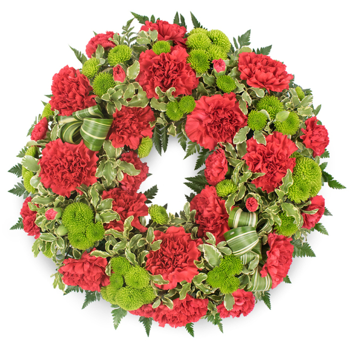 A richly detailed sympathy wreath is presented against a stark white background, allowing its circular shape and bold colour contrast to stand out with clarity. The arrangement is built almost entirely from two flower types, and yet it feels abundant and intricate. Deep red carnations form the main body of the wreath, placed closely together so that their ruffled, layered petals overlap, creating a plush, velvety surface all around the ring. Their crimson tones shift subtly from petal to petal, catching the light and adding depth. Between these, bright lime green button chrysanthemums are tucked in thoughtfully, like little beacons of fresh colour. Each button mum is tight and round, its small, packed florets giving a smooth, almost mossy texture that contrasts beautifully with the frilled carnations. The flowers sit upon a generous bed of mixed foliage that both frames and supports the design. Dark, feathery fern fronds reach outwards from beneath the blooms, adding a slightly wild, natural edge to the otherwise precise circle. Interwoven with the ferns are variegated pittosporum leaves, their dark green centres and creamy margins creating soft, mottled patterns that catch the eye up close. A decorative ribbon, striped in complementary shades of green, is shaped into loose, graceful loops near one side of the wreath, its sheen subtly reflecting the surrounding greens. The overall look is formal yet full of life, suitable for funeral services or memorials in Gerrards Cross, from quiet family gatherings near Bulstrode Park to more traditional ceremonies at local chapels. The design feels like a heartfelt tribute crafted with care, intended to convey remembrance, admiration, and a sense of enduring love.