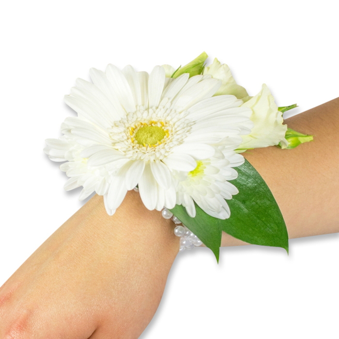 Against a clean white backdrop, a meticulously made white wrist corsage is photographed on a fair to medium forearm, the composition emphasizing texture, contrast and wearable beauty. A dominant white Gerbera daisy anchors the design: its symmetrical, velvety petals radiate outward from a bright yellow-green central disk that lends a fresh, lively punctuation to the otherwise monochrome palette. Nestled close are smaller white flower clusters-reminiscent of miniature chrysanthemums or tightly furled lisianthus-that add softness and dimensional shading, their petals offering both fullness and delicate movement. Beneath the blooms, rich, deep green leaves-likely Ruscus or salal-form a structured, natural cradle that lifts the flowers and gives the corsage a refined silhouette as it follows the curve of the wrist. The floral cluster is secured to the arm with an elegant multi-strand bracelet of white pearl beads, each pearl reflecting a subtle sheen and contributing a tactile contrast to the organic textures of the blooms. The overall mood is one of understated formality and quiet joy: tactile velvet petals against cool pearls, a faint green floral aroma, and the clean geometry of white and deep green. This is the kind of corsage chosen for milestone moments-weddings, proms, graduations-ideal for photographs on Gerrards Cross High Street, for stepping out from the station into late-afternoon light, or for gifting to a mother at a local celebration. The image honours the craftsmanship of a local florist and the simple grace of fresh, seasonal blooms.