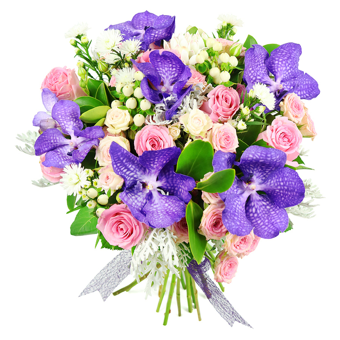 A rich, rounded bouquet is displayed against a bright white backdrop, making it the unquestioned focal point of the image. The arrangement is dominated by striking purple Vanda orchids, their broad petals awash with deep violet and inky blue, intricately speckled and veined as though painted by hand. These exotic blooms are positioned to draw the eye from every angle, creating a sense of drama and movement. Soft pink roses, in various stages from just-unfurling buds to fully open, cup-shaped blossoms, surround the orchids with a romantic, almost cloud-like softness. Scattered through the composition are creamy white spray roses, their smaller heads grouped in clusters that fill the spaces between the larger flowers, lending a feeling of fullness and delicacy. Slender stems of tiny white filler flowers and bright white or ivory hypericum berries add points of light and texture, their small round forms contrasting beautifully against the expansive orchid petals. Silvery, velvety dusty miller foliage runs through the bouquet like a cool breeze, softening the palette and introducing a subtle, frosted effect that works especially well in elegant, contemporary designs. Deep, glossy green leaves peek out from behind the flowers, giving structure and framing the arrangement with a sense of natural abundance. At the base, the stems are gathered and tied with a gossamer-like ribbon in shimmering silver and purple tones, its translucent quality echoing the light-catching surfaces of the petals. The bouquet's mood is one of polished sophistication, ideal for marking an engagement celebration in Gerrards Cross, a Valentine's Day surprise delivered along Windsor Road, or a meaningful thank-you gift sent from a local florist who understands the area's love of stylish, luxurious blooms.