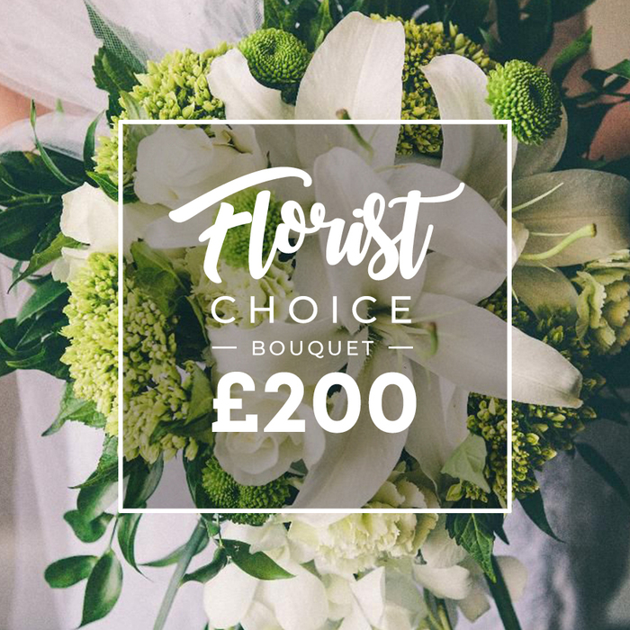 An elegant hand-tied bouquet dominates this image, its white and lime palette radiating calm sophistication. At its core sit several large white blooms with broad, soft petals-either lilies or perhaps sophisticated roses-whose centers offer subtle hints of stamens and perfume, lending a classic grandeur to the arrangement. They are complemented by dense clusters of smaller white flowers, such as ranunculus or spray roses, adding delicate layers and a plush, couture feel. A generous field of lime-green heads-dense, rounded clusters reminiscent of Green Trick dianthus or viburnum-offers vibrant contrast and architectural movement. Interspersed throughout are rich, dark green leaves and stems, including eucalyptus fronds and ruscus, weaving the bouquet into a lush, natural tapestry. The hand-tied stems rise from a loosely gathered bouquet, hinting at a gardener's touch, and the image's soft background-white fabric hints of a wedding dress and an arm-places the moment squarely in Gerrards Cross life, perhaps a wedding photo in a village hall or church yard. Centered over the bouquet is a white rectangular frame, containing promotional text: 'Florist' script at the top, followed by 'CHOICE BOUQUET' in uppercase with small dash accents, and a bold '?200' price at the bottom. The design communicates a premium, curated gift from a local specialist, ideal for weddings, anniversaries, or celebratory deliveries across Gerrards Cross and nearby communities, with our studio ready to arrange same-day delivery and ensure the blooms arrive fresh, fragrant, and flawless.