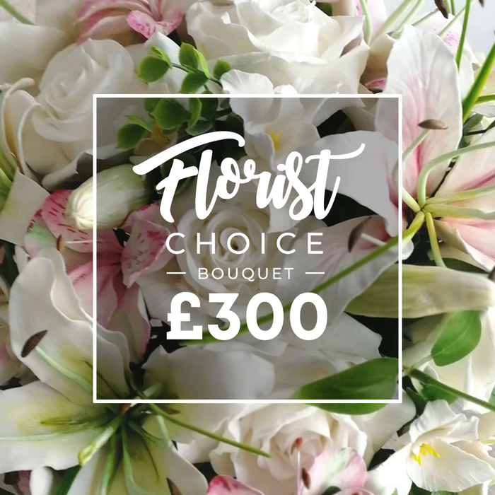 A densely packed luxury bouquet fills the frame, a study in pristine white and blush pink against a backdrop of vibrant green leaves. The composition centers on numerous full-bloom white roses, their petals gently unfurling to reveal velvet texture, while white lilies add height and architectural lines, their petals sometimes bearing subtle pink stripes and brown anthers that whisper of refined detail. Smaller clusters of pale pink alstroemeria or similar blooms nestle among the larger florals, echoing the soft romance of the arrangement, while eucalyptus-like greenery provides a fresh, cool contrast to the warm glow of the blossoms. The ensemble looks freshly assembled, as if tied by a careful hand in a Gerrards Cross studio, intended to be admired up close or from across the room. Over the center sits a white rectangular box with a discreet border, bearing Florist in a script, CHOICE BOUQUET in uppercase sans-serif, with decorative lines flanking CHOICE. Below, the price ?300 is shown in bold white sans-serif. The image functions as a premium product listing, signaling quality, craft, and value, ideal for gifting on milestone occasions or as a luxurious centerpiece for a Gerrards Cross home. Delivered with care across Gerrards Cross, The Broadway, and the surrounding Chilterns, this bouquet brings a touch of calm elegance to any room. The lush textures and bright whites invite slow, conscious appreciation-the kind that turns a simple moment into a cherished memory.