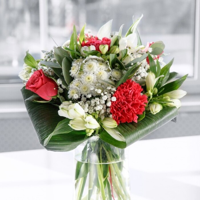 In this image, a sophisticated red and white bouquet rises from a clear cylindrical glass vase, the waterline crisply revealing clean-cut green stems that signal careful, professional preparation. The arrangement feels both abundant and composed, a modern take on timeless romance. At its heart, rich red roses with velvety petals begin to open in layered swirls, catching the light like small, luxurious sculptures. A large crimson carnation sits prominently near the front, its densely ruffled petals adding movement and intricate texture, as though gently rippled by a breeze drifting through a Gerrards Cross garden. Around these bold red notes, white blooms bring balance and serenity: alstroemeria with long, tapering petals and fine interior streaks, fresh white daisies or chrysanthemum-style flowers, and several upright white lily buds closed in smooth, elegant capsules, poised to burst into fragrant bloom. Wisps of gypsophila are scattered throughout, their tiny star-shaped white flowers forming a soft veil that lightens the whole design and lends a touch of celebratory sparkle. The bouquet is framed at its base by broad, glossy dark green leaves artfully curled into sleek loops, creating a sculpted collar that grounds the arrangement. Additional eucalyptus-like foliage and pointed leaves extend outward, adding texture and layered shades of green, from deep forest to silvery tones. Resting on a plain white surface, the bouquet appears against a bright, slightly blurred background, suggesting natural daylight through a window, perhaps looking out toward the tree-lined streets near the heart of Gerrards Cross. The overall mood is welcoming and joyful, perfect as a dining table centrepiece, a thoughtful anniversary surprise, or an elegant gift delivered to a colleague's office in the local high street area.