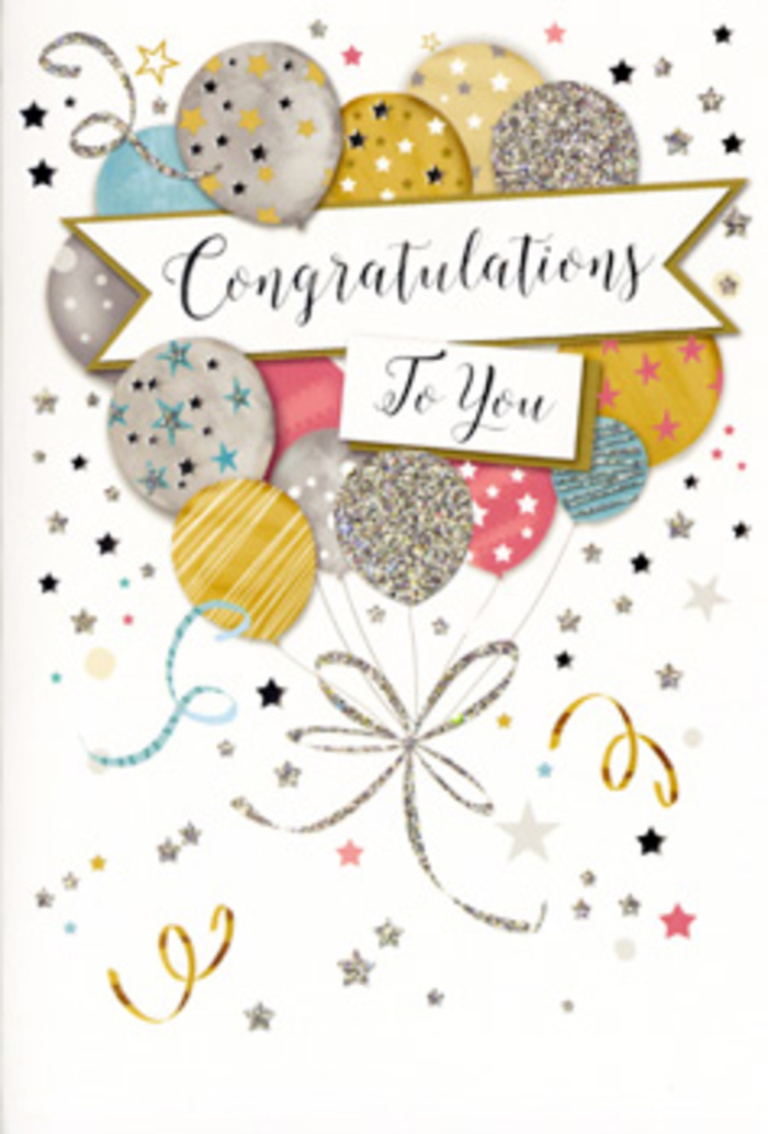 The congratulations card pictured is a refined, joyful design that looks as if it was crafted with the same care a florist uses when building a celebration bouquet for a Gerrards Cross home. Set against a smooth, softly toned background, a generous cluster of balloons fills the central space, layered so they overlap naturally like flowers in a hand-tied arrangement. You can pick out shades of warm gold, icy silver, pale champagne, light sky blue, soft blush pink, and gentle grey, each balloon individually decorated with shimmering stars, fine stripes, or delicate glitter patterns that catch the light in your imagination. Their strings are rendered as elegant metallic ribbons in gold and silver, curling and looping in free-flowing spirals, creating a sense of upward lift-as if they might float toward the sky above Gerrards Cross Common on a clear afternoon. Around the balloons, small metallic stars, dots, and confetti-style swirls scatter across the card, adding a playful, almost weightless energy that evokes the pop of celebration when good news is shared. A central banner unfurls horizontally through the middle of the design, proudly displaying the message Congratulations To You in smooth, sophisticated calligraphy. The letters feel both classic and modern, much like a timeless bouquet chosen for milestones such as graduations, promotions, or special achievements. Subtle hints of gloss and glitter printing suggest a pleasing texture under your fingertips, similar to the raised finish of luxury stationery sold in local Gerrards Cross boutiques. It is the sort of congratulations card Flower Delivery Gerrards Cross might pair with seasonal roses, lisianthus, or fragrant stocks, ready to be delivered to homes along Packhorse Road, Orchehill Avenue, or the quiet residential lanes nearby whenever there is a moment of real pride to celebrate.