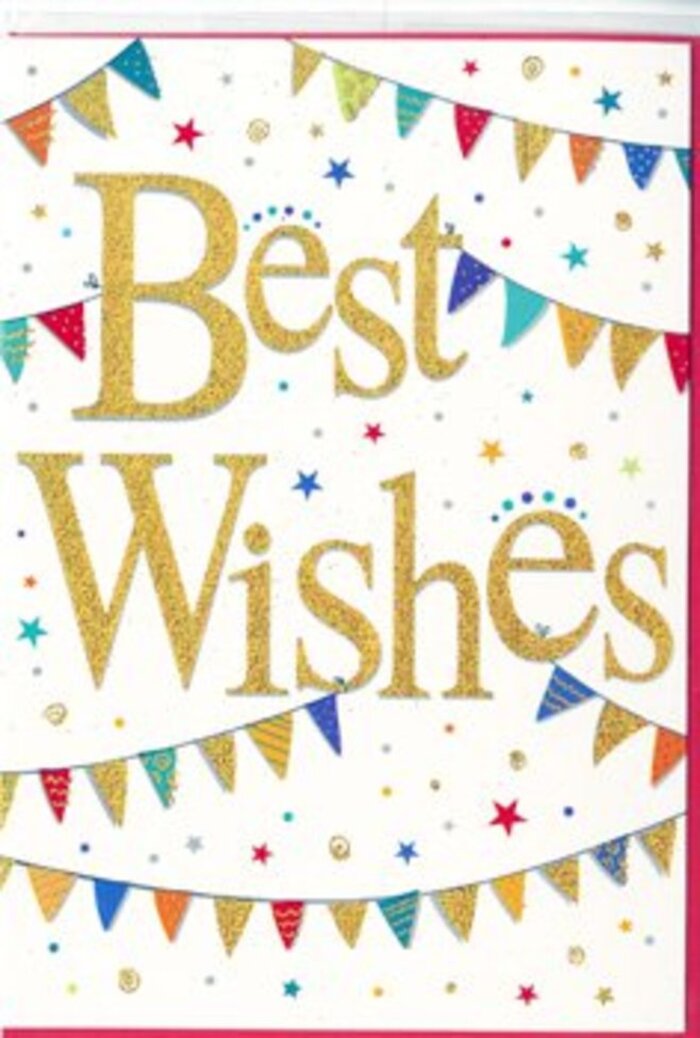This congratulations card presents a joyful, uplifting design, as if it were a small celebration ready to be delivered with a bouquet anywhere across Gerrards Cross. At its centre, the phrase Best Wishes is scripted in sweeping, elegant gold, each letter slightly embossed so the text catches and reflects the light with a fine glittered sheen. The gold is neither harsh nor brassy; instead, it feels soft and refined, reminiscent of late afternoon sun glinting off the trees that line the paths around Bulstrode Park. The background is pure white, smooth and uncluttered, allowing the central message and decorative elements to stand out crisply. Curving above and below the words are festive garlands of bunting, gently looping from one side of the card to the other. Each pennant hangs like a tiny flag, painted in a vivid palette of ruby, sapphire, emerald, and amethyst tones, mixed with lighter, pastel shades. Some flags are filled with bold stripes, others with playful dots or tiny mosaic-like details, creating a sense of handcrafted charm, as if someone carefully painted each one by hand. Dotted between the garlands are small stars and confetti-like circles that appear to hover across the card, suggesting movement and the happy chaos of a celebration. These tiny motifs echo the card's colour scheme, with flashes of metallic gold and bright colour, filling the blank spaces without overwhelming them. The overall feeling is festive, inclusive, and hopeful, ideal for sending congratulations on a new job in town, a housewarming near West Common, or a new chapter in life. As a florist used to matching messages with blooms, I can imagine this card accompanying cheerful flowers, adding sparkle and heartfelt sentiment in one graceful gesture.