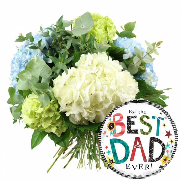 This image captures a joyful Father's Day bouquet and balloon arrangement presented against a bright white background, making every colour stand out clearly. The eye is first drawn to the hand-tied hydrangea bouquet that fills the upper left and central part of the frame. Large, rounded hydrangea heads in creamy white form the core of the composition, their countless tiny petals overlapping to create a plush, cushion-like texture. Around these, gentle light blue hydrangeas soften the edges, appearing along the left side and near the top, like cool shadows on a sunny afternoon in Gerrards Cross town centre. Adding a lively twist, clusters of lime-green hydrangeas sit along the lower left and right edges, bringing a crisp, apple-green brightness that enlivens the whole display. Threaded throughout, silvery-green eucalyptus sprigs curve gracefully between the blooms, their satiny, rounded leaves catching the light with a muted, dusty sheen, while darker green foliage provides contrast, volume, and a sense of freshly gathered greenery. The stems at the base are carefully aligned and tied, clearly visible where the florist has bound them into a generous, rounded bunch. Nestled at the lower right, slightly overlapping the bouquet, is a round foil balloon with a glossy finish. It has a white centre framed by classic black-and-white stripes at the top and bottom, and the message For the BEST DAD EVER! is printed in energetic, mixed-style lettering. The word BEST is especially playful, with each letter shown in a different colour and pattern, while DAD continues the bold, colourful look. Tiny decorative stars and confetti-like dots in yellow, teal, red, and black are scattered over the balloon, along with a subtle No. 1 rosette motif. Together, the fresh hydrangeas and festive balloon convey warmth, gratitude, and celebration, ideal for local flower delivery in Gerrards Cross when you want to surprise a much-loved dad.