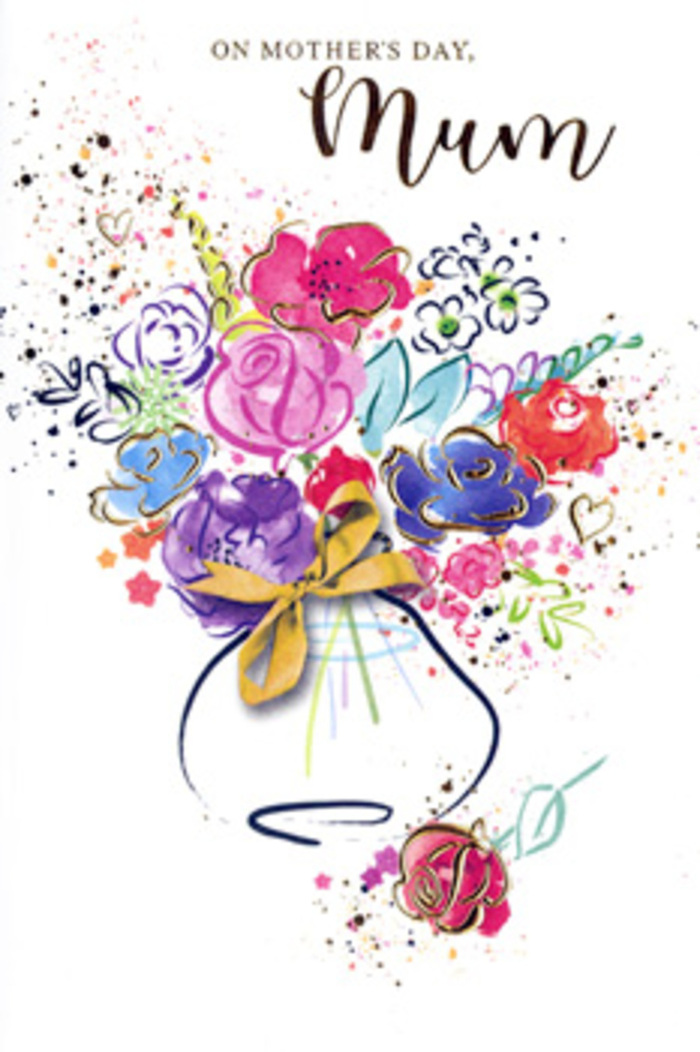 Expressive Mother's Day card illustration showing a painterly bouquet that seems to hover in the centre of the page, as if freshly arranged by hand in a Gerrards Cross flower studio. The flowers are suggested rather than strictly drawn, with velvety cerise and rich magenta blooms emerging from loose washes of colour, their shapes defined by confident indigo outlines that echo the skill of a florist sketching out a design. Between the bolder blossoms, softer notes of apricot, blush pink, and sky blue mingle with touches of lavender and pale violet, creating a gentle rhythm of warm and cool tones. Slender traces of gold shimmer along the contours of petals and foliage, then scatter into fine droplets that drift around the bouquet like tiny sparks of light. Small heart silhouettes and carefree paint splatters gather near the corners of the image, giving a sense of playfulness and movement, as though the emotions of the day cannot quite be contained. The flowers rise from a rounded vase suggested in translucent layers of blue and lilac, its base encircled by a slim golden bow that hints at careful gifting and special thought. The white background keeps the artwork open and luminous, much like the airy feel of the open spaces near the Chilterns around Gerrards Cross, letting each shade and stroke breathe. The whole composition carries an air of gratitude and quiet celebration, turning the simple idea of a greeting card into a keepsake that mirrors a real bouquet: colourful, heartfelt, and lovingly composed for Mother's Day.