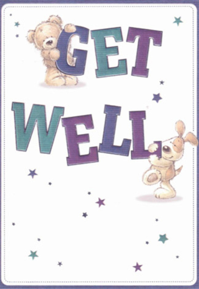 There's a wonderful sense of playfulness and hope woven through this illustrated get well card, where a friendly bear and a puppy take center stage. The mood calls to mind laughter shared after school at Gerrards Cross Memorial Centre or the gentle encouragement of neighbours along Bulstrode Way. Each character is rendered with a tactile, inviting softness-the bear's fur so fluffy you almost feel its hug, the puppy's floppy ears lending extra charm. Swirling around them, twinkling stars in hues of sapphire and violet scatter blessings of quick recovery and cheer. The prominent, rounded typography-shaded in lively purples and aquas-anchors the scene with unspoken confidence, much like a hand-tied bouquet brings calm to a bedside table. The artistry is precise yet exuberant, every line and colour thoughtfully applied to channel reassurance into a tangible gesture. Imagining this card alongside a fresh floral delivery from Gerrards Cross, the combined gift would surely lift anyone's spirits: a symphony of softness, well-wishing, and local care that bridges distance with comfort. The design feels universally uplifting yet naturally rooted in the warmth of our Gerrards Cross community.