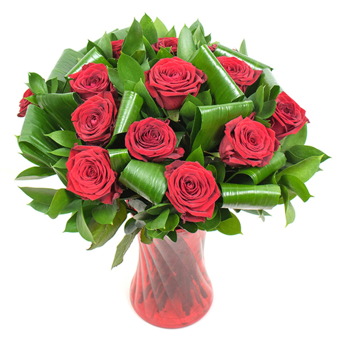 A richly composed, rounded bouquet of roughly twelve to fifteen deep crimson roses dominates the composition, each bloom lush and fully open with tight, velvety petals that unwind in perfect concentric layers. The intense red reads warm and saturated beneath soft even lighting, which delineates texture and depth across each blossom. Nestled among the roses is a generous array of dark green foliage: compact, glossy leaves that create a dense, natural collar and larger, satiny emerald leaves that have been skillfully rolled and folded into decorative spirals and tubular shapes. These sculpted greens introduce an architectural sophistication, their smooth surfaces and curled forms contrasting with the roses' plush softness and increasing the arrangement's dimensionality. The ensemble is displayed in a tall, translucent ruby-red glass vase whose subtle vertical ribbing and twisted profile catch light in slender reflections, visually extending the bouquet's vertical lines and echoing the flowers' saturated hues. Set against a clean white field, the composition is the unquestioned focal point, its colours and forms rendered with clarity and elegance. The overall impression is one of classic romance elevated by contemporary styling-a bouquet I would suggest for anniversary surprises, intimate proposals, or as a refined statement piece for a Gerrards Cross dining table or reception area. There is a tactile and olfactory promise here: the velvety petals invite touch and the traditional rose perfume seems almost present, offering a sensory experience that complements the visual drama.