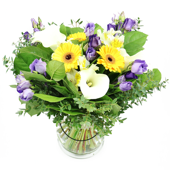 An exuberant mixture of sunlit yellows, creamy whites, and soft purples, this bouquet seems to carry a moment of pure cheer. The design, neatly presented in a clear glass cylindrical vase, stands out against a crisp white background, inviting the eye to follow every stem. The large, radiant yellow Gerbera daisies pull the focus with their bold centers, while pristine white Calla lilies add sculptural grace with their smooth, trumpet-shaped petals. Between them, clusters of pale lavender Lisianthus bring a whisper of luxury, some blooms open, others still like gentle buds, adding depth and texture. The composition is threaded with diverse greens-glossy broad leaves, feathery sprigs, and airy eucalyptus-creating a verdant backdrop that supports and enhances the bright florals. The transparent vase reveals neatly trimmed stems nestled in clear water, a sign of the arrangement's freshness. This premium bouquet speaks of happiness, purity, and appreciation, making it ideal for birthdays, anniversaries, or a thoughtful gesture delivered across Gerrards Cross to a friend or loved one. It would brighten a home or office, echoing the seasonal charm of Buckinghamshire gardens and the town's own welcoming spirit. Ready for same-day delivery in Gerrards Cross and the surrounding area, it carries a message of warm wishes and festive celebration, crafted with care by your local florist.