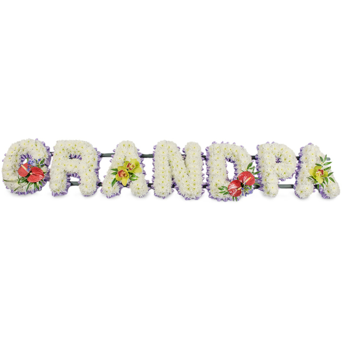 This image shows an elegant, handcrafted funeral tribute spelling out GRANDPA in bold block capitals, arranged in a straight horizontal line on a simple white background so the detail of each flower stands out. Every letter is built from a mass of small, white chrysanthemums, packed tightly together so no gaps are visible, giving a plush, cushion-like appearance that suggests softness, purity, and quiet dignity. The blooms sit slightly raised above a subtle base of pale lavender ribbon, which runs along the bottom edge of each letter and offers a gentle, pastel frame that enhances the snowy white petals without overpowering them. Behind the word, a dark green metal or wooden framework links the letters, barely seen from the front but essential for supporting the weight of the flowers. Carefully placed accent sprays create focal points along the tribute. On the 'G' and the 'D', striking clusters of deep red anthuriums stand out, their glossy, heart-shaped spathes and central spadices catching the light, surrounded by rich green foliage and tiny touches of purple filler that tie back to the ribbon trim. On the first 'A' and the last 'A', delicate yellow-green orchids spill gracefully across the chrysanthemums, their fresh colour and refined shape adding a note of elegance and gentle optimism. The whole arrangement feels like a thoughtful farewell, the kind of personalised design a family from Gerrards Cross might arrange for a funeral service at a local church or crematorium, where flowers speak of love, honour, and treasured memories of a devoted grandfather.