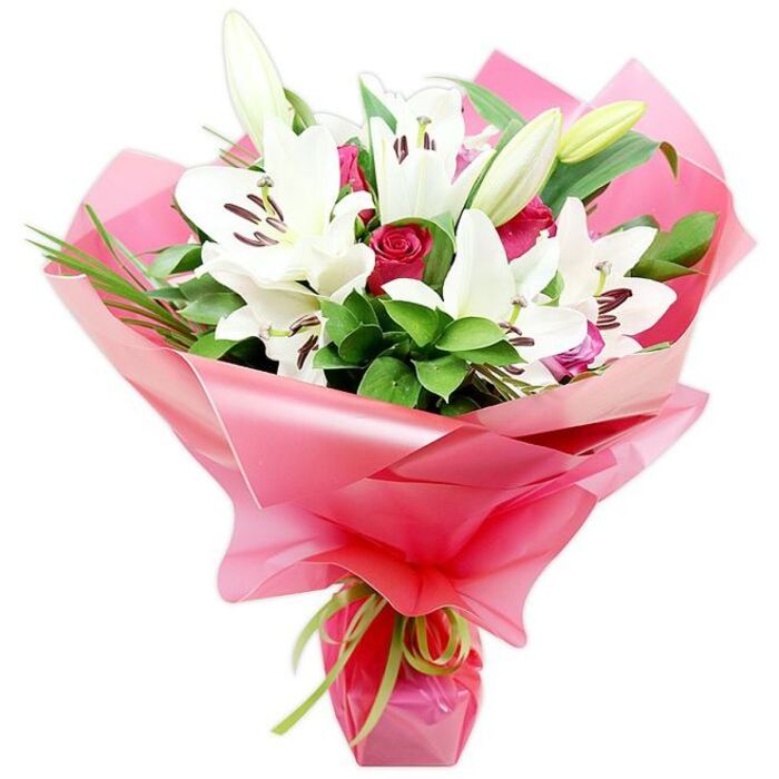An elegant, hand-crafted bouquet composed of pristine white lilies and rich red roses is presented against a bright white background, giving the impression of a carefully staged studio photograph from a local Gerrards Cross flower shop. The central focus is on several fully open white Oriental lilies, their wide, star-like petals curving backward to reveal warm, creamy centres accented by prominent dark brown stamens. Each bloom has a smooth, waxy texture that suggests freshness, while tiny speckles near the throat of some lilies add subtle visual interest. Between these open flowers, you can see slender, elongated lily buds in soft green and ivory tones, their tips just beginning to part, promising more blossoms over the coming days for anyone receiving delivery along Oak End Way or near the station. Punctuating the white lilies are deep red roses, shown mostly as tight buds and partially unfurled flowers. Their densely layered petals and velvety texture create dramatic contrast, conveying romance and heartfelt emotion. Surrounding the main blooms is a halo of greenery: broad, polished leaves catch the light with a gentle sheen, while narrow, grass-like strands weave through the arrangement, adding height and movement. This lush bouquet is enveloped in a voluminous layer of shiny, bright pink cellophane or floral paper, which forms generous folds and curves around the stems, giving a celebratory, gift-wrapped feel suitable for birthdays, anniversaries, or thank-you gestures in Gerrards Cross. At the base, a slim lime green ribbon is tied neatly, its fresh citrus shade standing out against the pink wrapping and echoing the natural green of the foliage. The overall mood is joyful yet refined, a bouquet that feels equally fitting for intimate dinners at home or larger family gatherings nearby.