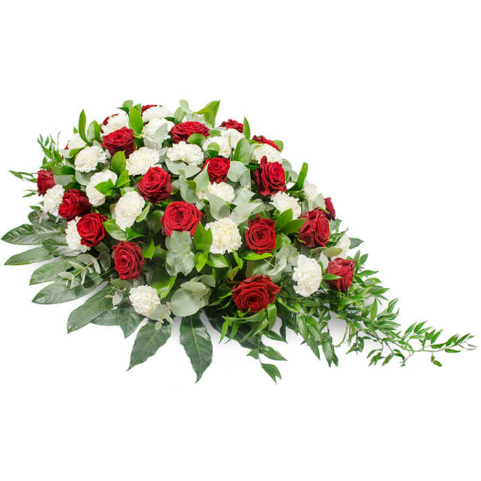 The image shows an elegant, horizontally arranged funeral spray, carefully crafted as a sympathy tribute and placed against a stark white background so that every detail appears crisp and undistracted. The form is elongated and mounded, with a broad, generous fullness on the left that gradually narrows into a slender, tapering point on the right, suggesting a gentle journey from presence to memory. Dominating the arrangement are deep crimson red roses, each bloom packed with velvety petals held close together, appearing both strong and tender. These roses are thoughtfully spaced throughout the spray, and between them sit clusters of pure white carnations whose ruffled, many-layered petals add softness and volume, echoing sentiments of purity, remembrance, and a quiet farewell. Around and beneath the flowers, a tapestry of greenery provides structure and contrast. Broad, dark green leaves, perhaps salal or similar foliage, form a solid, glossy base that cradles the blooms and gives the piece its shape. Threaded through this foundation are stems of silvery-green eucalyptus, their cool, muted tones creating depth and a gentle, mist-like quality, while likely adding a mild, calming fragrance. From the right-hand, tapering end of the spray, fine, trailing sprigs of lighter foliage extend gracefully outward, like the last notes of a hymn fading in a church in Gerrards Cross. The overall impression is one of solemn beauty and heartfelt respect, an arrangement well suited to rest atop a casket, accompany a memorial service, or be delivered to a graveside as a final loving tribute within the local community.