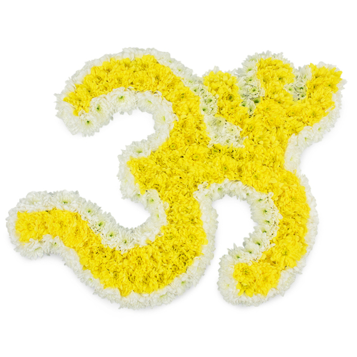 An exquisite floral interpretation of the sacred Om symbol is shown against a spotless white background, its form so precise and full that it seems to gently glow. The entire character is constructed from hundreds of tiny yellow blossoms, most likely button chrysanthemums or petite marigolds, each bloom carefully positioned to follow the Om's flowing contours. Their rich, golden-yellow petals create a soft, plush surface, with the natural variations in hue adding subtle depth and movement to the curves and inner shapes. Encircling this sunlit centre is a neat, continuous border of crisp white flowers, forming a halo-like outline around the symbol's sweeping strokes, crescent, and distinctive dot. The white edge enhances the definition of the Om, making every line clear and reverent, while also suggesting purity, peace, and a sense of sacred space. The lighting is bright and even, casting minimal shadow so the flowers' texture and freshness remain the focal points; you can almost imagine touching the cool, dew-kissed petals, just delivered from a local Gerrards Cross florist's workbench. This floral tribute feels perfectly suited to a Hindu funeral, a memorial gathering, or a spiritual ceremony taking place in a quiet home near Austenwood Common or a contemplation room off Station Road. It conveys a message of inner stillness amid grief, offering relatives and friends a comforting visual focus for prayer and reflection. Designed with the gentle care often associated with Flower Delivery Gerrards Cross, this Om symbol transforms the language of flowers into an eloquent expression of devotion, remembrance, and the continuity of the soul beyond this life.