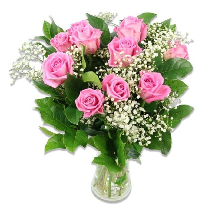 A classic and tender bouquet of pink roses and white baby's breath is photographed in front of a pristine white background, every detail sharp and inviting. At the centre, approximately a dozen pink roses form a generous cluster, their petals unfurling in gentle spirals that move from deeper pink at the core to slightly softer tones at the edges. Some roses are in full bloom, wide open like delicate saucers of layered silk, while others remain more compact, suggesting they have only just begun to open, an effect that quietly mirrors the beginning of a new life. Between the roses, fine stems of baby's breath weave gracefully, each thread ending in a scattering of tiny white blooms that resemble soft, drifting clouds surrounding the more prominent flowers. A collar of rich, dark green foliage, largely composed of rose leaves, frames the entire arrangement, the leaf surfaces smooth and slightly glossy, adding texture and depth. All of this is gathered into a clear glass vase, sturdy yet understated, with the ends of the stems clearly visible through the water inside, hinting at the professional conditioning and freshness you would expect from a Gerrards Cross flower specialist. The vase sits squarely within the frame, its clean lines reinforcing the simplicity and honesty of the design. The light is bright but diffused, without strong shadows, so that every petal and leaf edge appears crisp and true to colour. This calm, joyful composition feels ideal for celebrating a new baby or marking those first quiet days at home, bringing a gentle, fragrant presence to a bedside table or living room in the heart of Gerrards Cross.