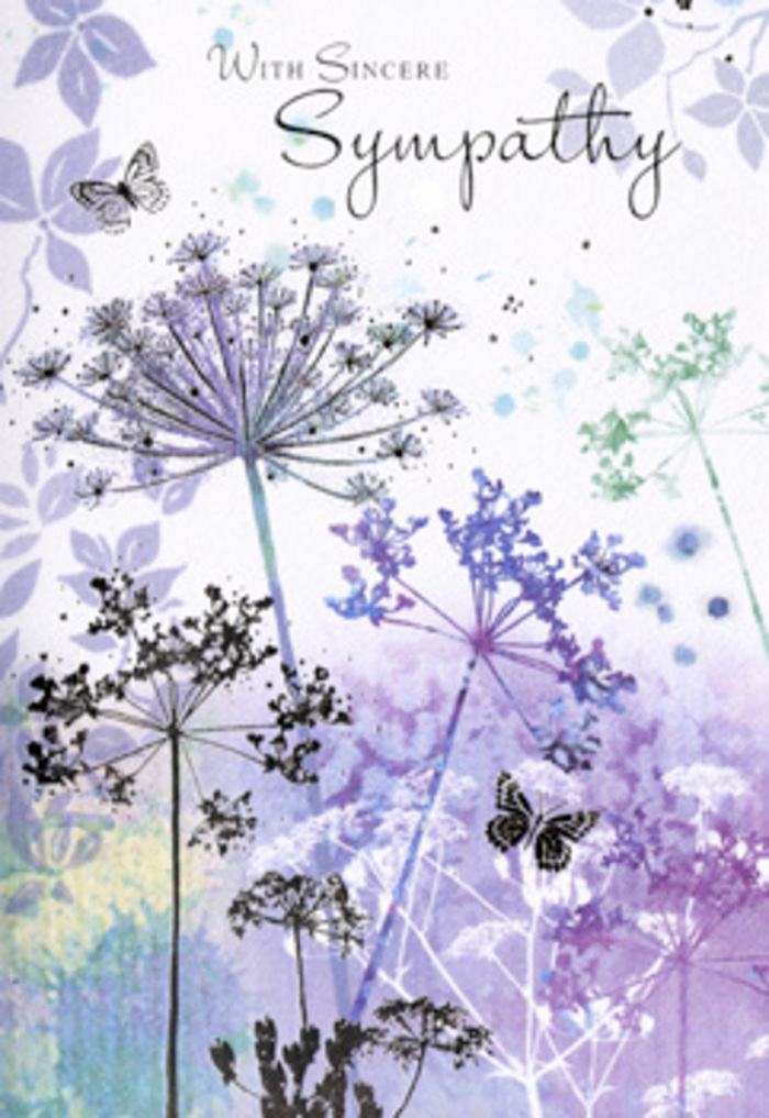 The design of this sympathy card feels like a gentle pause, reminiscent of standing at the edge of a calm meadow just beyond the streets of Gerrards Cross, where time seems to slow. Against a serene background of powdery violet, soft blue, and softened grey-green, tall wildflowers with umbelliferous heads stretch upward in graceful arcs. Each stem is slender and slightly curved, suggesting a whisper of breeze, while the flower clusters at their tops are drawn with a filigree delicacy, as if made from the finest lace. The colours are muted yet layered, with hints of plum and lavender blending seamlessly into silvery tones, mimicking the way twilight might settle over a nearby field after a day of remembrance. A pair of butterflies hovers among the blossoms, not brightly coloured but rendered in the same gentle palette, their wings translucent and barely outlined, as though captured mid-glide. The background softens into indistinct washes, creating a depth that invites the eye to wander slowly, finding new details in each faint petal and shadow. Nothing is rushed or overcrowded; there is a respectful spaciousness that mirrors the quiet atmosphere of local memorial services and farewells. As a florist used to crafting condolence arrangements for families in Gerrards Cross, I recognise in this artwork the same intention we bring to our sympathy flowers: to offer comfort without intrusion, elegance without excess. The card feels like a silent companion in grief, its cool tones and floating forms suggesting that, even in sorrow, there is gentle continuity and the enduring beauty of cherished memories.