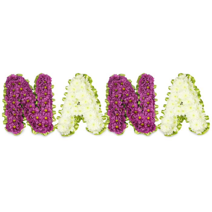 A carefully crafted sympathy tribute spells the name NANA in large, sculpted letters made from hundreds of small blooms, presented on a stark white background so each colour and texture is instantly recognisable. The leftmost letter, an 'N', is built from deep magenta or purple chrysanthemums-tight, button-like heads clustered to create a plush, velvety plane with tiny yellow centers that catch the light. Directly to its right, the first 'A' is formed from immaculate white or cream chrysanthemums, their compact petals softening the overall composition and offering a delicate, reverent contrast. The pattern repeats with a second purple 'N' and a closing white 'A', the alternation giving the piece a measured, rhythmic dignity. Around every letter, a bright lime-green border-suggestive of pleated ribbon or neatly trimmed foliage-follows the contours, adding fresh, natural definition and a hint of springlike hope. The craftsmanship is meticulous: stems concealed, flower heads uniformly set to achieve continuous three-dimensional letters that read clearly from a distance at a funeral or memorial. The scent is restrained, the feel of the arrangement respectful rather than exuberant, designed to honour a grandmother or long-loved matriarch at services in local venues such as St. James' Church or the cemetery near Gerrards Cross Station. Flower Delivery Gerrards Cross can create and deliver this style of bespoke memorial tribute throughout Gerrards Cross and neighbouring Beaconsfield, offering empathetic, experienced hands-on service for families arranging remembrance flowers.