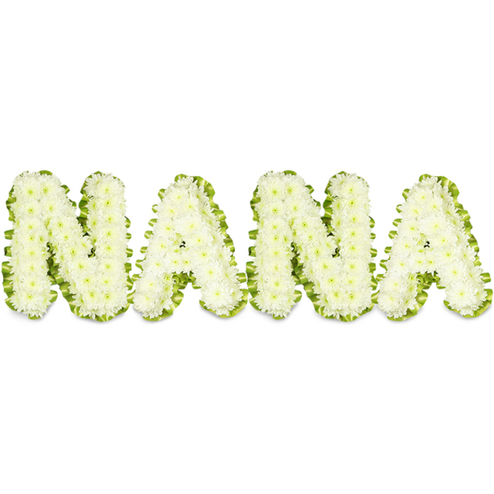 A poignant sympathy piece spells out NANA in large, sculptural letters formed from tightly packed white button chrysanthemums. Each of the four capital characters is built up from hundreds of small, round blooms; their layered petals create a plush, textured surface that appears almost cloudlike while remaining solid and readable. Around each letter a vivid green edging-either lush foliage or a carefully arranged ribbon of leaves-outlines the shapes with precise contrast that sharpens the typography against the stark white background. The composition is lit with even, bright illumination that shows the three-dimensional relief of the arrangement and the subtle interplay of soft highlights and shallow shadows across the clustered florets, emphasising both freshness and meticulous technique.

As a funeral or memorial tribute, this arrangement communicates reverence and abiding affection for a grandmother or matriarch. The palette of pure white and fresh green speaks of peace and renewal, while the compact, handcrafted letters convey an intimate, personal message that is easy to read at a service or when placed at a graveside. Local families in Gerrards Cross, from households around The Rye to those attending services at nearby churches or crematoria in Beaconsfield and beyond, often choose this style when they want a clear, tasteful expression of love and remembrance. The piece is quietly fragrant with the clean scent of chrysanthemum, offering a calm sensory presence alongside its strong visual statement.