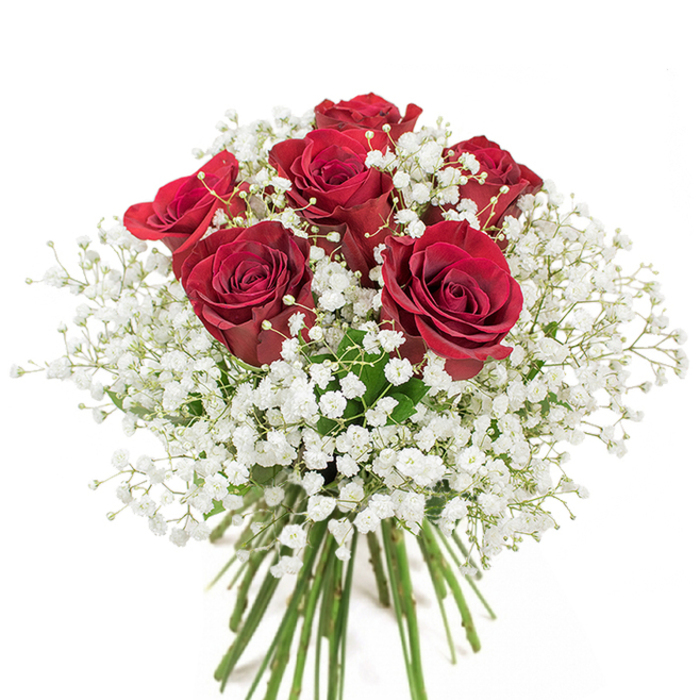 As a florist rooted in the spirit of Gerrards Cross, I delight in creating bouquets like this-a captivating culmination of deep red roses surrounded by heavenly halos of delicate baby's breath, all gathered reverently in a gleaming glass vase. Every rose, with its gently cupped, velvety petals and luminous crimson tones, brings a sense of warmth and intensity. The baby's breath cascades in graceful sprays, resembling soft clouds that infuse innocence into the arrangement's passionate core. Set against a flawless white backdrop, the bouquet glows in the ambient light, each element standing in harmonious contrast. Through the clarity of the vase, long, vigorous green stems ground the display in natural beauty, reminiscent of the lushness found in Gerrards Cross's green spaces or the tranquil paths near Bulstrode Park. The tactile play between silken rose petals and the airy gentleness of gypsophila creates an experience that is both luxurious and uplifting. Many from the community seek this arrangement for its iconic expression of love and artistry-perfect for anniversaries, romantic gestures, or as a tribute to cherished memories. It carries the essence of heartfelt emotion, crafted with the hands and heart of someone who knows what such flowers mean to Gerrards Cross.
