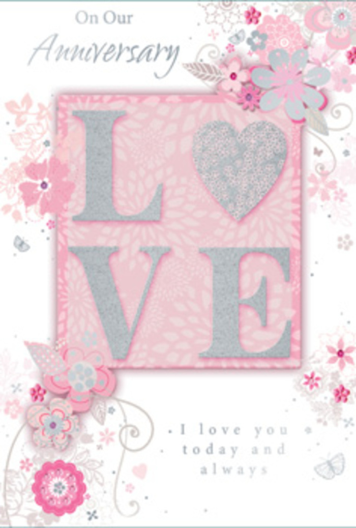 This anniversary card opens like a quiet love story, its design radiating the same warmth you feel stepping into a cosy Gerrards Cross home filled with fresh flowers. On the front, the word LOVE is showcased in large, raised letters, finished with an elegant coating of frosted glitter that plays with the light like sun catching on glass vases in a local florist's window. The lettering rests on a soft blend of blush pinks, lilac-tinted tones, and creamy ivory, creating a gentle, dreamy backdrop that feels as calming as an early morning walk around Bulstrode Park. Surrounding the central motif, wispy hand-drawn flowers drift along the borders, their petals shaded in tender pink, lilac, and ivory hues, with fine stems and leaves weaving between them in delicate filigree lines. Tiny, almost-hidden butterflies and subtle flourishes are tucked among the blooms, giving the card a sense of soft movement and the quiet flutter of emotion. The composition has the refined balance of a hand-tied bouquet-light at the edges, fuller near the centre-suggesting both artistry and genuine care. Inside, a simple yet heartfelt message, I love you today and always, appears in graceful, understated type, inviting the reader to pause and reflect on shared years together, perhaps recalling celebrations at favourite spots around Gerrards Cross. The overall effect is gentle and luminous, with textures that appear inviting to the touch and colours that evoke the soft, romantic shades often chosen for anniversary arrangements. It feels like a bouquet translated into paper, lovingly crafted for a couple marking another cherished milestone.