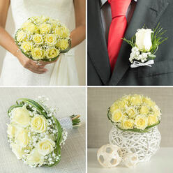Pinned to a sharply tailored black lapel, this boutonnière centres on a single pale yellow rose, creating a soft focal point that glows gently against the dark fabric. The rose is perfectly formed, its petals smooth and velvety, unfurling in subtle spirals from a buttery heart to a creamy outer edge. Nestled beside it, tiny tufts of baby's breath introduce a sprinkling of white, their miniature blooms lightening the design and giving it a feathery, cloud-like texture. A few slender sprigs of greenery add structure and contrast, their cool green tones emphasising the warmth of the rose, like sunlight filtering through leaves along a quiet street in Gerrards Cross. The stems are gathered and finished with a narrow white ribbon, wrapped with precision so the handle sits flat and elegant against the suit. Behind the boutonnière, you can see the rich black of the jacket and the bold red of a tie, a combination that makes the pastel rose stand out while still feeling harmonious and celebratory. The light is gentle and flattering, highlighting the soft curves of each petal and the fine details of the gypsophila, while creating subtle shadows in the folds of cloth. It evokes the calm anticipation of a wedding morning in Gerrards Cross, perhaps just before stepping into a local church or registry office. This small floral accent has been crafted with care by an experienced florist, designed not only to coordinate with the bridal flowers, but to give the wearer a touch of fresh fragrance, elegance, and personal significance on an unforgettable day.