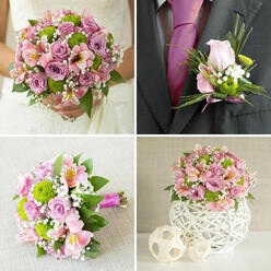 This four-image collage captures a complete pink and green wedding flower story, crafted in a style that would sit beautifully in a Gerrards Cross country-house celebration. In the top-left panel, the lower half of a bride in a white lace gown is shown holding a rounded, romantic bouquet. Layers of light pink and dusky lavender roses crowd together, interlaced with bright lime-green button chrysanthemums, soft pink alstroemeria with tiny yellow flecks, and airy white baby's breath, all framed by rich green foliage that gives the bouquet a lush, garden-fresh feel. The top-right panel focuses on the groom's details: a dark charcoal-grey suit and a deep fuchsia tie set off a small but refined boutonniere. A single blush-pink rosebud nestles beside vivid green chrysanthemums, delicate gypsophila, and fine strands of decorative grass, all secured with a narrow pink ribbon, creating a subtle echo of the bridal bouquet for a ceremony near Colston Hall or along Packhorse Road. In the lower-left panel, a similar hand-tied bouquet lies horizontally on a light beige textured surface, perhaps waiting to be carried by a bridesmaid. Its stems are neatly wrapped in fuchsia satin, exposing the careful spiralling technique and the firm, rounded shape of the design. The lower-right panel reveals the table styling: a compact floral centerpiece overflowing with pink and lavender roses, green chrysanthemums, pink alstroemeria, and baby's breath, arranged in a decorative white orb-shaped vase with an intricate lattice pattern. Two smaller woven spheres sit nearby, completing a coordinated look ideal for reception tables in Gerrards Cross hotels and local venues.