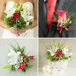 A wedding table centerpiece rests gracefully on a neatly laid cloth, its beauty built around an airy mix of white lilies and a single, perfectly formed red rose. The lilies, with their long ivory petals and softly dusted stamens, seem to float above the arrangement, their blossoms turned at slightly different angles so that every side of the table sees a different view. The rose sits closer to the centre, petals spiralling in tight velvet layers of deep crimson, like a quiet promise held at the core of the design. Slender, curly stems of greenery weave through the arrangement and spill gently over the edge, adding a sense of motion that brings to mind the tree-lined calm of West Common in Gerrards Cross on a breezy afternoon. Clusters of glossy red berries nestle between the blooms, their rounded forms providing a playful contrast to the lilies' open faces, while sprigs of baby's breath introduce clouds of tiny white flowers that soften every transition. All of this is gathered into a white, woven-style vase, its simple, textured surface giving the arrangement a modern, Scandinavian feel that still works beautifully with more traditional wedding settings in the Gerrards Cross area. The palette is essentially threefold-white, red, and green-but the subtle variations in tone and texture make it feel rich and layered. Soft, even lighting gives the flowers a luminous quality, ideal for a relaxed wedding breakfast or evening celebration. The composition radiates calm happiness rather than drama, the kind of thoughtful floral design that invites guests to lean in, notice the details, and feel quietly cherished as they share in the couple's day.