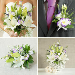 This four-paneled image reads like a small story of one wedding's floral language. In the upper-left panel a bride in a strapless white dress holds an abundant, hand-tied bouquet centred on large, scented white oriental lilies-some open and luminous, some still promising in bud form-paired with white lisianthus whose double petals are rimmed in a bright, flattering purple. Slim spikes of deep-violet accent flowers (reminiscent of veronica) and an assortment of fine, wispy grasses and broad glossy leaves add texture and a sense of natural movement. The upper-right panel focuses on a groom's boutonnière pinned to a charcoal grey jacket worn over a rich purple silk tie; the boutonnière mirrors the main bouquet with a single open purple-edged lisianthus, a small lily bud, a hint of the spiky purple filler, and a few slender green blades bound by a neat white ribbon. Lower-left shows a smaller hand-tied piece or toss bouquet resting on textured beige fabric, stems wrapped smoothly in white satin ribbon, repeating the palette in miniature. Lower-right reveals a sculptural tall centerpiece in a contemporary white spherical, woven vase; it spills with white lilies, purple-edged lisianthus, spiky purple stems, and cascading leafy greens, sitting with two woven beige decorative spheres on a smooth surface. As a Gerrards Cross florist I imagine these pieces brightening a reception on Packhorse Road or a ceremony near the Common-fresh, fragrant, and quietly elegant, crafted with careful attention to texture and proportion by Flower Delivery Gerrards Cross.