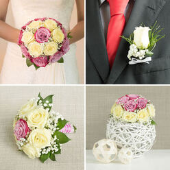 This elegant four-part collage captures the complete wedding floral story, much like a real celebration unfolding in one of Gerrards Cross's intimate venues near the Common. In the top left frame, only the bride's torso is shown, clad in a softly shimmering white dress with fine lace detailing over the bodice. She holds a round, hand-tied bouquet made entirely of roses: creamy ivory and pale yellow blooms mingle with deeper pink and mauve roses in a tight, luxurious cluster. Wisps of white baby's breath and glimpses of glossy green foliage thread between the petals, adding lightness and a fresh, garden-scented feel. The top right frame focuses closely on the groom's boutonniere against a dark grey suit jacket, crisp white shirt, and bold red silk tie. A single white rosebud is carefully wired and wrapped with sprigs of baby's breath and greenery, the stems finished in a tidy white satin bow that conveys quiet refinement and thoughtful coordination. In the bottom left panel, a smaller bridesmaid's bouquet lies on a pale, textured fabric surface, echoing the bridal palette with cream and pale yellow roses, vibrant pink accents, and generous white filler flowers. Its stems are bound in a pink and white striped ribbon, evoking a slightly more playful, informal feel suited to bridesmaids laughing together before the ceremony. The bottom right image presents a round reception centerpiece: a tight dome of cream, yellow, and pink roses with baby's breath and foliage, resting on a sculptural white twig sphere. Two smaller woven orbs sit alongside on a white tabletop against a soft beige background, hinting at a rustic-yet-elegant reception dinner, perhaps just a few minutes from Gerrards Cross station.