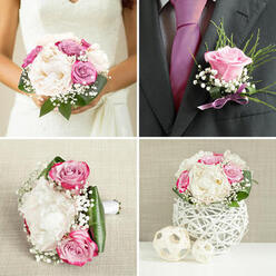 A thoughtfully coordinated wedding floral ensemble is arranged as though waiting in a sunlit room in Gerrards Cross, ready to be carried down the aisle. The bride's bouquet is full and romantic, shaped in a gentle dome that nestles comfortably in the hands. Creamy peonies open in generous layers, their centres just visible, framed by blush and soft pink roses whose petals curl delicately at the edges. Deeper magenta and whispering lavender tones are tucked between them, creating a subtle play of colour that feels both modern and timeless. Threads of white gypsophila drift through the bouquet like fine mist, adding texture without overpowering the main blooms. Supporting everything is a collar of glossy green leaves, smooth and sculptural, giving structure and freshness, much like the greenery seen along the paths towards Gerrards Cross railway station in late spring. Resting close by is a groom's boutonnière: a single lilac-hued rosebud framed with tiny dots of baby's breath and a flick of feathery greenery, tied with a pale lavender ribbon whose soft sheen catches the light. A companion arrangement, gathered in a simple white basket or woven-style vase, echoes the same palette of creamy whites and blushing pinks, appearing almost to float above the table. The lighting in the image is gentle, with no harsh contrasts, so every petal looks velvety and touchable. Together, these pieces suggest a calm, romantic celebration-perhaps at a private venue off Packhorse Road-where flowers are chosen not just for beauty, but for the layered feelings they quietly carry.