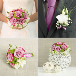 A carefully styled wedding set is displayed as if on a dressing table in a Gerrards Cross townhouse, capturing the tender anticipation before the ceremony. The main bouquet is rounded yet airy, formed from blush and mauve-pink roses whose petals curl gently at the edges, giving each flower a soft, romantic fullness. Between them, white lisianthus and creamy blooms add a luminous glow, their fine, layered petals reminiscent of freshly pressed silk. Punctuating the pastel tones are bright green button chrysanthemums, their tiny, domed heads adding a playful, almost woodland texture that keeps the arrangement modern and fresh. Wisps of greenery and slightly elongated foliage peek out around the edges, creating a graceful outline that feels both polished and natural, as if gathered from a well-kept garden by the station. The stems are aligned neatly and bound in a blush and white satin ribbon wrapping, the smooth fabric catching the light in gentle highlights, making the bouquet comfortable to hold throughout a long day of photos and celebrations. Nearby, the matching groom's boutonnière is composed with deliberate simplicity: a single pure white bloom, likely lisianthus, accented with a trace of soft lavender and slender greenery, secured with a delicate ribbon for a refined finish against a suit lapel. The overall mood is quiet elegance and devoted love, ideal for an intimate wedding at a local church or reception venue near East Common, where each petal, leaf, and ribbon has been chosen to echo the couple's story and the timeless charm of Gerrards Cross.