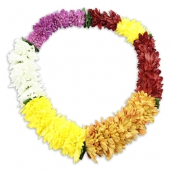 An elegant, multi-coloured chrysanthemum-style lei rests in a complete oval on a pristine white background, glowing with the calm radiance of a carefully prepared funeral tribute. The garland is tightly strung with soft, ruffled blossoms that resemble miniature chrysanthemums or carnations, every flower made of layered petals that create a rich, cushiony texture under the eye. Distinct bands of colour travel around the oval, yet they melt gently into one another, like memories blending over time. Starting from the top left and moving clockwise, the lei begins with a generous section of deep violet-purple, moving into a quieter stretch of clean, snowy white that feels contemplative and still. From there, the tones warm into bright, cheerful yellow before deepening into a honeyed golden amber, and then transform into a solemn maroon band, recalling the shades of late autumn trees along the paths near West Common in Gerrards Cross. A final short section of bright yellow completes the circle, adding a last note of gentle optimism. Tiny hints of dark green separators, likely fabric leaves or binding, appear where the colours meet, signposting the artisan's care in planning each transition. The flowers appear to be durable, high-quality artificial blooms, chosen to maintain their colour and shape throughout a day of services or a memorial gathering, whether at a local chapel or home wake. A faint, feathered shadow beneath the lei subtly lifts it off the white surface, giving the arrangement presence and depth. The overall impression is one of respectful celebration and the Aloha spirit adapted for a British farewell, a garland that symbolises continuity, honour, and the enduring bond with a loved one laid to rest in Gerrards Cross.