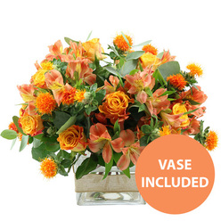 A warm, sunlit bouquet in rich oranges and yellows is shown against a spotless white backdrop, making every petal and leaf easy to distinguish. Dominating the arrangement are velvety orange roses, some with petals that melt into golden yellow as they spiral inward, giving a feeling of depth and soft movement. Beside them sit plump yellow garden roses, their compact, many-petaled blooms evoking the charm of traditional cottage gardens around Gerrards Cross and the leafy lanes leading toward East Common. Between these focal flowers, clusters of peach and light orange alstroemeria stretch gracefully, their narrow petals decorated with fine stripes and freckles that provide a subtle, artistic detail. Small, spherical orange accent blooms with a spiky, thistle-like appearance punctuate the bouquet, introducing a playful texture that catches the eye. Surrounding the flowers, a mix of dusty eucalyptus and glossy dark green foliage creates a cool, fresh frame that enhances the fiery colours at the center. The stems are arranged in a clear, square glass vase, the water and criss-crossing stems visible through the sides, emphasizing freshness and careful craftsmanship. Around the middle of the vase, a wrap of natural beige burlap or jute ribbon offers a rustic accent, suggesting an arrangement that could sit comfortably in a Gerrards Cross kitchen after a visit to the local shops or a walk from the station. In the bottom right of the image, a bright orange circular graphic reads VASE INCLUDED in clean white capitals, signalling that this floral design arrives as a complete, polished gift, perfect for same-day delivery for celebrations, housewarmings, or simple moments of gratitude.