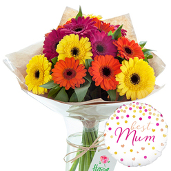 This image shows a generous, hand-tied bouquet of gerbera daisies arranged as if ready to be delivered to a doorstep in Gerrards Cross on a special morning. The flowers are the clear stars: large, flat daisy heads in vivid bands of colour-bright lemon yellow, glowing orange, and intense magenta with a fuchsia undertone. Each bloom is fully open, revealing a darker, textured central disk that anchors the bright petals and adds a soft, velvety depth. Between the blossoms, rich green foliage slips in and out of view, creating pockets of shadow and contrast that make the colours seem to pulse with energy. The stems are gathered in a tight, professional bind, wrapped first in rustic brown kraft paper, its creases and folds giving a homely, market-stall character that feels at home near the green corners of Austenwood and alongside the shops of Packhorse Road. Over the kraft paper sits a layer of glossy clear cellophane, slightly crinkled, reflecting highlights that suggest studio lighting. Natural twine is tied carefully around the wrapping, its earthy tone echoed by a small, discreet tag, as if a personal message could be tucked there before delivery. The whole bouquet stands in a simple clear glass vase, the straight green stems visible through the water, lending an air of straightforward freshness and care. To the lower right corner, a round white helium balloon completes the gift. It is scattered with pink and metallic gold confetti dots and tiny hearts, and across its centre the words "best Mum" are written in fluid pink script, turning the arrangement into a tender expression of love and appreciation.