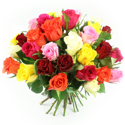 A lush, overflowing bouquet of freshly cut roses in a rainbow of colours is displayed against a crisp white background, capturing the feeling of a special delivery arriving at a front door in Gerrards Cross. The roses are arranged in a tight, rounded cluster, so that the viewer's eye is immediately drawn to the dense carpet of petals, each bloom nestled closely against the next. Deep, velvety reds suggest timeless romance, while clear, sunny yellows and bright oranges bring a lively, cheerful glow reminiscent of a sunny afternoon stroll along West Common. Soft pastel pinks and delicate blush tones soften the composition, their gentle hues echoing sentiments of affection and admiration, while vivid fuchsia and magenta roses lend a contemporary, spirited twist. Interspersed among these bold shades are creamy white and ivory blooms, which provide a serene contrast and help to balance the intensity of the warmer colours. The roses vary slightly in openness: some are full and expansive, revealing intricate layers of petals, while others remain more tightly furled, adding texture and a sense of movement to the design. Lush dark green foliage peeks between the heads of the flowers, framing the colours and hinting at the freshness of a bouquet that has not travelled far. The stems are neatly aligned and secured with a green and white checked ribbon, a charming, almost picnic-like detail that recalls gatherings in nearby parks and gardens. Bathed in clean, bright light, every petal appears crisp and fresh, making this bouquet an evocative choice for celebrating birthdays, anniversaries, or simple moments of gratitude across Gerrards Cross and the surrounding area.