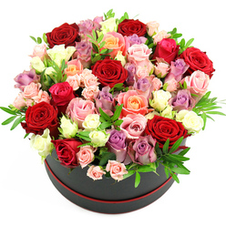 A luxurious round hatbox filled to overflowing with roses takes centre stage against a bright white backdrop, the image capturing the design as if it were resting on a sunlit table in a Gerrards Cross townhouse. The container is a deep, inky black with a slender red trim at the base, adding a discreet touch of drama that frames the lush dome of blooms above. The roses themselves create a tapestry of colour: deep crimson heads speak of devotion and passion, their velvety petals seeming almost touchable, while soft blush pink and romantic fuchsia roses introduce a playful, modern charm. Warm coral and peach tones glow gently among them, merging seamlessly into creamy whites that offer a quiet, elegant contrast. Nestled between these are roses in soothing lavender and muted purple, their cool hues evoking the peaceful atmosphere of nearby Austenwood and the green spaces around West Common. Some roses stand fully open, swirling outward in layered spirals, while others remain as rounded buds or compact spray roses, lending depth, rhythm, and a sense of freshly gathered garden abundance. Sprigs of sleek greenery thread through the design, providing breathing space between the petals and hinting at the scent of fresh foliage. The overall arrangement is expertly balanced, rising in a rounded, cloud-like shape that feels opulent but never crowded. It radiates the feeling of a carefully chosen gift, ideal for a proposal dinner at home, a special anniversary in Gerrards Cross, or a thoughtful same-day surprise delivered to a loved one's door near the station or the village high street.