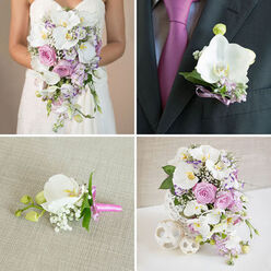 This four-panel image unfolds like the narrative of an elegant wedding morning somewhere between the leafy roads of Gerrards Cross and the quiet paths of Austenwood Common. In the top-left panel, the focus rests on a bride in a white strapless gown, her face out of frame so that all attention falls on the bouquet cradled against the fabric. The flowers cascade in a generous flow: wide-faced white phalaenopsis orchids bloom alongside blush pink garden roses and soft lavender roses, with feathery clouds of baby's breath nestled between and trails of greenery slipping toward the floor. The overall effect is lavish yet weightless, a river of petals in ivory, pink, and lilac tones. Moving to the top-right, the camera tightens on the groom's dark grey lapel. Here, a single white phalaenopsis orchid serves as a small but striking boutonniere, its elegant curve supported by tiny lavender filler flowers and fresh green leaves. A slender purple ribbon secures the stems, coordinating beautifully with the groom's vivid magenta tie just visible beneath the suit jacket, suggesting a thoughtfully planned colour story. The bottom-left panel offers a different vantage point: a single boutonniere rests on a lightly textured beige fabric, as if ready to be pinned before the ceremony begins. This piece features a fresh white orchid bud, delicate sprigs of white baby's breath, and bright greenery, all tied with a vivid pink ribbon that adds a cheerful contrast to the neutral backdrop. In the bottom-right frame, a statement cascading arrangement occupies a white woven vase placed on a clean white surface, reminiscent of a reception table at a chic Gerrards Cross venue. White orchids, pink and lavender roses, tiny purple fillers, and baby's breath spill outward in a lush arc, while three white woven decorative spheres of different sizes sit nearby, mirroring the vase's texture and giving the composition a cohesive, modern-romantic finish. The collage as a whole feels like a coordinated collection curated by an experienced local florist who understands both refinement and gentle drama.