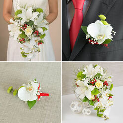 This four-part image gently tells the story of a coordinated wedding flower theme, the kind of design often requested by couples marrying in Gerrards Cross churches and country venues. The top-left panel shows a bride, visible from the chest down, standing against a soft beige background in a white, finely textured wedding dress. Cradled in her hands is a dramatic cascading bouquet, its focal point a cluster of large white oriental lilies with prominent stamens. From this lush heart, delicate white Phalaenopsis orchid stems tumble gracefully, creating a waterfall effect. A single cream-toned rose nestles among vivid green spherical blooms reminiscent of Santini chrysanthemums, bright red berry clusters, and light, airy sprays of baby's breath. Wisps of green foliage and slender grass-like stems weave through the bouquet, adding natural softness and movement. In the top-right panel, the groom wears a dark suit, crisp white shirt, and a striking red tie, his lapel finished with a refined boutonnière that mirrors the bouquet: one white orchid bloom, a hint of green pompon flower, and small white filler flowers, all secured with a narrow red ribbon. The bottom-left panel isolates this boutonnière on a subtly textured beige fabric, showing every detail of the orchids' velvety petals and the smooth satin ribbon. The bottom-right panel presents the full cascading bouquet displayed upright in a white woven basket-style vase on a pure white surface, with three white wicker balls arranged alongside. Together, these panels highlight how a carefully curated palette of white, green, red, and soft yellow can create a harmonious, memorable wedding look for couples celebrating around Gerrards Cross.