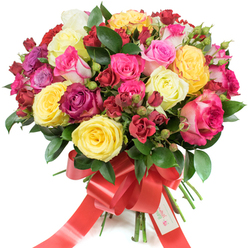 This exuberant rose bouquet rests on a stark white backdrop, its domed shape and dense packing conveying luxury and abundance in every direction. Bright yellow roses beam like small suns amid creamy ivory and pale yellow blooms, while a lavish range of pinks - from gentle blush to lively magenta and distinctive pink-and-white bicolours - weave through the display. Deeper burgundy and true red roses anchor the palette, their velvety faces adding romantic intensity. The florist's craft is evident in the mix of flower forms: sweeping hybrid tea roses with wide-open cups, intimate spray roses clustered in cocoa-toned clumps, and neat, almost-glassy buds that promise more blossoms to come. Lush, glossy leaves - probably ruscus or salal - are threaded through the bouquet, their dark green backdrop heightening the roses' saturation and giving the arrangement a fresh, garden-picked feel. A wide, bright red satin ribbon secures the stems in an elegant bow whose long tails spill down, and a small white gift tag with a stylized logo and the inscription 'Happy Holidays' is fastened at the base. Under soft light you can almost sense the clean, slightly citrusy fragrance and the silky texture of the petals. Perfect for marking milestones or offering warm appreciation, this bouquet radiates joy and careful attention to proportion, colour-blocking and texture, the hallmark of traditional floristry executed with contemporary vibrancy.