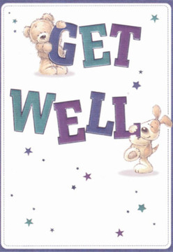 This get well card glows with gentle optimism-two charming friends, a bear and a puppy, nestled among a swirl of starlight, seem to leap from the page with their playful energy. The bear, plush and kind-eyed, perches atop the bright, bold "GET," while below, the lively pup nudges the word "WELL" with an affectionate nuzzle, both outlined in striking purples and teals. Their interaction is endearing, capturing the same wholesome spirit found in the Gerrards Cross community, just as one might witness friends exchanging smiles near the village green. The background's crisp white space creates clarity and lightness, enhancing each joyful detail and underscoring the card's message of healing. Sprinkles of blue and purple stars animate the design, echoing the magic that even small gestures can bring-much like the fresh bouquets hand-arranged by Flower Delivery Gerrards Cross, brightening homes along West Common. Every line and hue is placed with intention, mirroring the care taken in assembling a floral arrangement meant to bring hope. The visual softness and affectionate warmth offer genuine solace, perfectly capturing the nurturing essence of a local florist's touch.