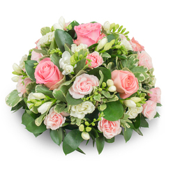 I picture this bouquet as the hush of early morning in a Gerrards Cross garden: the palest pink roses, each with layered swirls of petal, feel like a soft sunrise, while the white freesias add a crisp note and a faint citrus-sweet scent that lifts the composition. The flowers are tightly grouped into a rounded, cushion-like form, a deliberate, compact design that reads as both intimate and refined. Among the roses you notice smaller spray roses and miniature white blooms that add depth and soft punctuation, their textures alternating between the sumptuous rose centers and the upright, tubular freesia buds. The greenery is thoughtfully chosen: deep green, glossy leaves create a solid backdrop, while variegated cream-edged foliage provides gentle highlights that catch natural light and add subtle movement. No stems are visible, emphasizing the clean, finished look; the arrangement casts a delicate shadow on the white surface, enhancing its three-dimensional presence. As a local florist might explain while delivering to nearby streets or leaving a tribute at a chapel on Packhorse Road, this arrangement balances tenderness with durability - freesia buds promise a slow reveal as days pass, and the conditioned roses retain fullness. It is tender enough for a newborn celebration, considerate enough for a bedside gift, and dignified for a remembrance service. The overall impression is one of calm affection and skilled hands shaping seasonal blooms into a serene, comforting statement for close family and friends.