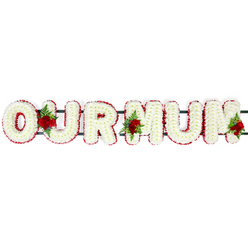 Displayed against a bright, uncluttered white backdrop, this "OUR MUM" funeral letter tribute is composed with the precision and tenderness of an experienced florist who understands the emotion of a final goodbye. Each capital letter stands in a solid block style, completely covered in compact white chrysanthemums or similar spray blooms, giving the surfaces a soft, snowy texture that looks cool and calm, as though gently resting. Encircling every letter is a finely constructed border of deep red flowers, likely carnations, which creates a clear outline and adds a ribbon-like richness to the tribute. The contrast between the white centres and the red edges conveys both purity and heartfelt affection, a combination often chosen by families across Gerrards Cross to honour a much-loved mum. Three carefully placed groupings of velvety red roses, framed by dark green foliage, add focal points of emotion: one sits between the O and the U, one between the U and the first M, and the last near the right-hand edge of the final M. The roses appear lush and fragrant, their deep crimson petals symbolising love that continues beyond loss. A subtle dark green frame joins the letters in a single horizontal line, ready to rest along a graveside or be placed at a chapel of rest in and around Gerrards Cross. The tribute feels both strong and gentle, like a softly spoken message, the balance of white, red and green creating a peaceful, dignified arrangement that seems to hold the family's memories and thanks within its petals.