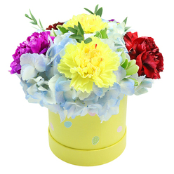 A compact, exuberant floral composition sits crowned within a round, pastel yellow gift box, captured against a stark white background that highlights each lush texture and hue. Two large, ruffled yellow carnations anchor the center with a sunny, almost lemon glow-their layered petals delicate yet full-bodied-surrounded by generous clusters of powdery periwinkle hydrangea which create a soft, cloud-like base and whisper of cool spring air. On the left, a vibrant magenta or fuchsia carnation adds a lively, dramatic note; on the right, a velvety crimson-red carnation provides balance and visual weight. Slender green foliage peeks through, adding freshness and a subtle verdant scent that complements the sweeter notes of the carnations. The cylindrical hatbox itself is gentle lime-yellow paperboard, playfully scattered with irregular pastel polka dots in light blue, pale pink and mint green, some with tiny white speckles-details that give the presentation a celebratory, gift-ready feel. The bouquet's dome-shaped silhouette and overflowing habit communicate abundance and care, the kind of arrangement our team prepares for birthdays, anniversaries, or to brighten a hospital bedside. As a local arrangement prepared with neighbourhood knowledge, it reads as a familiar favourite for deliveries across Gerrards Cross, Denham and Burnham, and is available from Flower Delivery Gerrards Cross for thoughtful doorstep presentation or pick-up from the High Street.