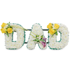 An elegant and personal funeral tribute that spells 'DAD' in large, freestanding capital letters, each letter built up from a thick, even carpet of pristine white chrysanthemums that read soft and luminous. The edges of each letter are sharply defined with a ruffled dark green satin ribbon that both contrasts and comforts, its texture catching subtle highlights under soft indoor light. Supporting bars in a matching dark green run discreetly behind the letters, evidence of the solid floral engineering that lets the piece sit as a single cohesive display. On the upper left curve of the first 'D' sits a joyful cluster of bright yellow roses - three to four fully open blooms - accompanied by sprays of tiny white freesia or gypsophila and fresh green foliage; two long slender green stems extend upward and sweep toward the centre, adding gentle motion. The central 'A' is finished with a thoughtful composition on its lower left diagonal: two deep purple to burgundy calla lilies with their dramatic, sculptural shapes, cushioned by small white accent flowers and glossy leaves, introducing a note of solemn elegance. The right-hand 'D' mirrors the left with the same sunny rose spray, creating balanced symmetry across the word. The overall scent is clean and soft, the visual language one of purity, remembrance and warmth. As a local florist supplying Gerrards Cross and nearby Chalfont St Peter, Flower Delivery Gerrards Cross would prepare and deliver this tribute with careful handling so it arrives in perfect condition for a service at the local church or chapel.