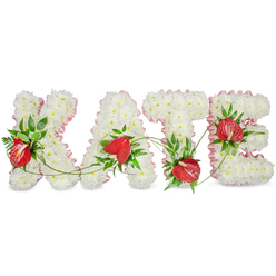 This elegant funeral tribute spells KATE in large, sculpted letters made from tightly packed white spray chrysanthemums, their plush, cushiony heads forming a serene, matte surface that reads purity and repose. A delicate pale-pink ribbon or pleated fabric frames each letter, softening the silhouette and catching tiny highlights from gallery or church lighting. Vivid red anthurium blooms are placed in considered clusters within the white field-each glossy, heart-shaped spathe and its pale spadix becoming a deliberate, warm accent against the cool white. Rich green foliage-dark glossy leaves, feathery fern fronds and fine trailing vines-sweeps and weaves around the letters, creating texture and a gentle sense of movement as though the composition is breathing. The letters stand slightly apart on a bright white background with subtle shadows beneath them, lending a quiet three-dimensionality that reads well in photographs and at a graveside. Imagine this piece arriving from Flower Delivery Gerrards Cross, hand-finished in our Packhorse Road workshop and set to lie before a chapel lectern or beside the coffin; the craftsmanship ensures each chrysanthemum is pinned for longevity and the anthuriums are supported to retain their striking shape. The overall mood is one of respectful calm: clean whites for remembrance, blush pink for tenderness, and deep red for lasting affection. The design is intentionally understated, meant to invite reflection and to honor a life with both restraint and heartfelt colour.