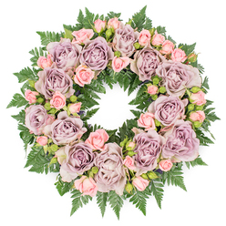 A serene, round sympathy wreath lies flat against a clean white backdrop, its circular shape symbolising continuity and remembrance, much like the steady rhythm of life in Gerrards Cross. The entire ring is cushioned by a generous layer of deep green fern fronds, their finely serrated leaves overlapping to form a soft, textured base. Rising from this greenery is a close-knit arrangement of roses in complementary tones of dusty lavender, muted mauve, and soft grey-purple, each large bloom fully open, revealing intricate spirals of velvety petals. These cool, elegant shades are gently warmed by interspersed clusters of smaller blush pink spray roses, some just unfurling, others still in tight bud, which add delicacy and a sense of unfolding stories. Here and there, small darker buds and slim stems of filler foliage emerge between the blossoms, introducing a subtle play of shadow and depth so the wreath appears lush and dimensional rather than flat. The lighting is bright yet gentle, emphasising the petal textures and the contrast between the pastel flowers and the vivid greens beneath. The arrangement feels carefully composed, balanced but not rigid, as though each rose was thoughtfully placed to honour a specific memory or moment. This floral tribute would sit beautifully beside a framed photograph at a memorial gathering in a Gerrards Cross home or accompany a casket during a service at the local parish church, offering quiet comfort. The wreath's soft palette, combined with its full, embracing form, conveys love, gratitude, and a peaceful farewell, as one might choose for a cherished relative or long-time neighbour.