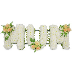 Set against a bright, uncluttered white backdrop, this carefully composed funeral tribute spells out the word MUM in large, confident capital letters, each one softened by a blanket of pristine white spray chrysanthemums. The flowers are packed closely together so that no gaps show, giving the surface a plush, cushion-like texture reminiscent of freshly fallen snow. Their small, starry heads create a fine, even pattern over the entire length of the piece, while a slim dark green floral frame and ribbon peep through at the sides, shaping and supporting the letters. Three graceful accents of colour are woven into this white canvas: clusters of soft peach and blush-toned roses, accompanied by tender rosebuds and sprigs of greenery. The first cluster rests at the top left of the opening M, the second nestles along the lower curve of the U, and the third crowns the upper right of the final M, drawing the eye gently from one end of the tribute to the other. Each group of roses is encircled with feathery ferns and glossy leaves that add depth, fragrance, and a quiet sense of life continuing. The arrangement feels calm, composed, and deeply personal, evoking the warmth of a mother's touch and the purity of enduring remembrance. It is the kind of bespoke sympathy design that might be laid at a service in Gerrards Cross or along the tree-lined paths nearby, crafted by a local florist who understands how important it is for every bloom to speak of love, gratitude, and a peaceful goodbye.
