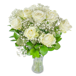 There is a serene, almost contemplative hush to this vase of snowy white roses and delicate baby's breath - a composition I often prepare for neighbours who pass through Gerrards Cross High Street or wait at the station for a late train. Approximately twelve velvety white roses form the focal heart of the design, some fully unfurled, others just beginning to open; the variation in bloom stage gives the bouquet a gentle rhythm. Wisps of Gypsophila weave through the roses, their minute blossoms creating a soft, luminous veil that lifts the overall composition and suggests cloud or mist. The foliage beneath ranges from deep, cool emerald to a livelier lime green, its glossy texture and pronounced veins framing the pale blooms and adding dimensional contrast. The arrangement sits in a plain clear glass vase so the trimmed stems and water level are visible - a small, honest flourish that reassures of freshness and attentive care. Bathed in bright, diffuse light against a white backdrop, the petals take on a soft glow, the roses' creamy edges catching highlights while pockets of shadow lend depth. For quiet birthdays, small anniversaries, or as a comforting gesture to a friend, this bouquet feels intimate and sincere. As a local florist at Flower Delivery Gerrards Cross, I select stems that travel well across town - whether delivered to a flat near the Common or to a family home off Packhorse Road - so the recipient receives not just flowers but a carefully composed moment of calm and beauty.