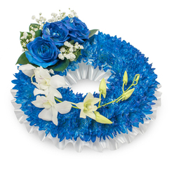 A lovingly crafted funeral wreath, circular and sumptuous, built from countless deep-blue chrysanthemum blooms that form a plush, voluminous ring on a clear white background. The chrysanthemums' fine, quilled petals create a tactile surface that soaks up soft daylight, producing a dense, ocean-like field of royal blue. A ruffled white satin ribbon traces the wreath's interior, its satiny folds introducing a refined brightness and framing the composition with quiet formality. Anchoring the upper-left quadrant, three fully opened blue roses display velvet-smooth petals in a rich sapphire hue; they command attention without excess, accompanied by lacy clusters of white baby's breath and a few dark green leaves for natural contrast. From that point a gentle spray of pristine white orchids-Phalaenopsis or a similar variety-cascades diagonally toward the lower right, their luminous petals and slender profiles creating an airy, lyrical line across the dense blue. Among the orchids, vivid green buds promise renewal and continuity, some still closed, others just beginning to reveal their pale interiors. The scent is faint and clean-orchid's subtle sweetness against the faint, earthy note of chrysanthemums-evoking calm reflection. This arrangement, made with the sort of careful hand seen in wreaths ordered for services at St. Thomas's or St. Peter's churches near Denham and Chalfont St Peter, is available from Flower Delivery Gerrards Cross and reads as a dignified expression of sympathy and continuing devotion.
