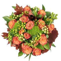 From a top-down perspective against a clean white field, this richly textured arrangement reads as an ode to autumn: coral and deep orange roses dominate the centre, their petals graduating from warm peach cores to russet-tinged outer edges in gentle, painterly bands. Interspersed among them are glossy hypericum berries, some an almost neon green, others a soft cream, which punctuate the bouquet like tiny lanterns and introduce a playful, tactile rhythm. The distinctive green trick dianthus appears as compact, velvety mounds, providing a fresh, mossy counterpoint to the roses' smooth surfaces, while broad green leaves frame the composition and lend a sense of abundance. Scattered through the design are larger, lobed leaves in rich burgundy and burnt brown that echo fallen foliage and deepen the autumnal mood. Light is soft and even, highlighting petal texture and the waxy sheen of berries while creating mild shadows that reveal the careful sculpting of each layer. The sensory impression is warm and grounding - more autumnal embrace than dramatic statement - making this an ideal centrepiece for Thanksgiving, a comforting gift, or seasonal decor for a home near Gerrards Cross station or a cosy supper on Packhorse Road. Prepared with local expertise and available from Flower Delivery Gerrards Cross, the bouquet balances colour, scent, and texture with the quiet confidence of an experienced florist.