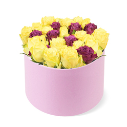From the vantage of a Gerrards Cross florist, this round pastel pink box frames a lush dome of thirty to forty roses, the majority canary-yellow with petals still unfurling, catching the light with a soft citrus glow. Interspersed among them are deep burgundy or purple roses that lend depth, drama, and a whisper of sophistication. The box sits toward the lower portion of the image, its surface a smooth matte reminiscence of velvet. The blooms are packed so densely that the bouquet mounds gently above the rim, creating a sense of abundant generosity. A hint of pale green foliage grazes the base, keeping the focus on the bloom tones while adding natural airiness. Against a crisp white backdrop, the colours read as premium and contemporary-perfect for Flower Delivery Gerrards Cross, or as a grand gesture for birthdays, anniversaries, or a heartfelt thank-you. In the hands of Flower Delivery Gerrards Cross, this arrangement becomes a thoughtful statement for celebrations, milestones, or a heartfelt 'thank you.' The bright yellows radiate warmth and optimism, while the purples anchor the composition in elegance. The scent would mingle sweet citrus and lush floral notes, inviting the recipient to pause and smile. A gift like this carries the spirit of friendship, generosity, and festive cheer, making it an ideal centrepiece for a birthday, anniversary, or a thoughtful surprise delivered with care to a friend on a busy Gerrards Cross day.